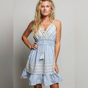 🩵Hello Gorgeous! POL Eyelet Embroidered Smocked Waist Mini Dress